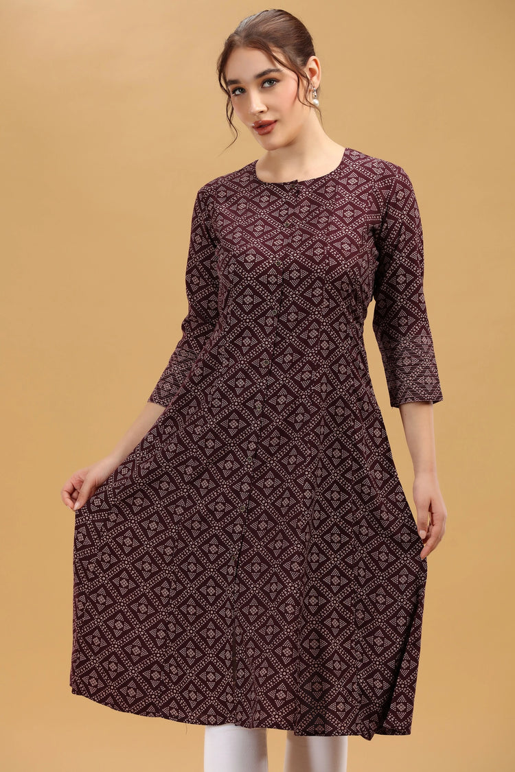 Wine Printed Rayon A Line Kurta for women
