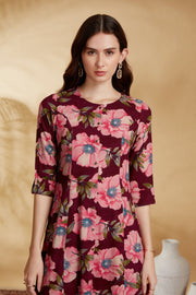 Wine Rayon Printed Straight Kurta Pant Co ord Set