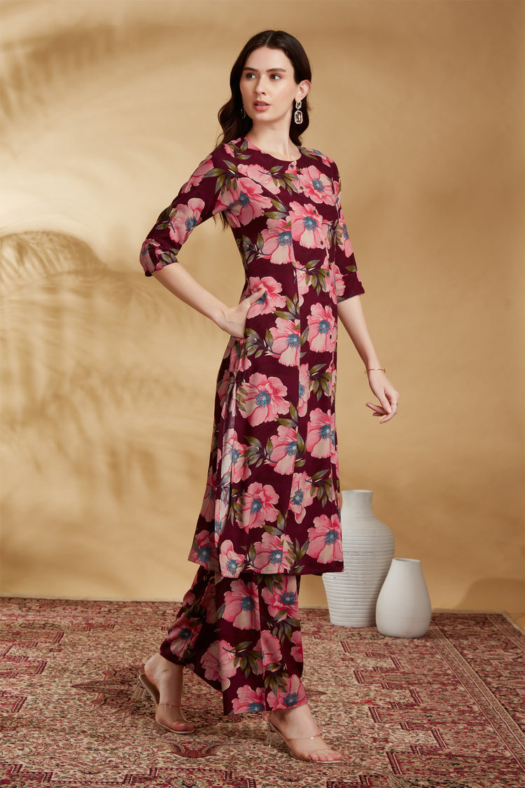 Wine Rayon Printed Straight Kurta Pant Co ord Set