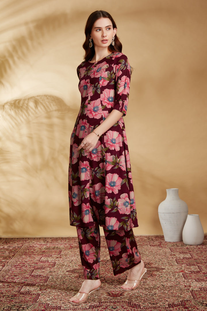 Wine Rayon Printed Straight Kurta Pant Co ord Set