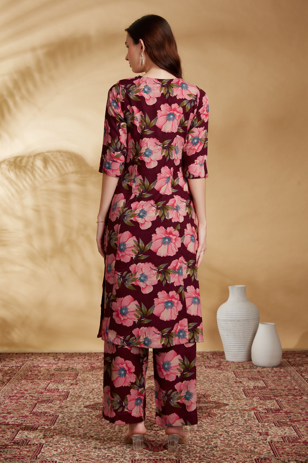 Wine Rayon Printed Straight Kurta Pant Co ord Set