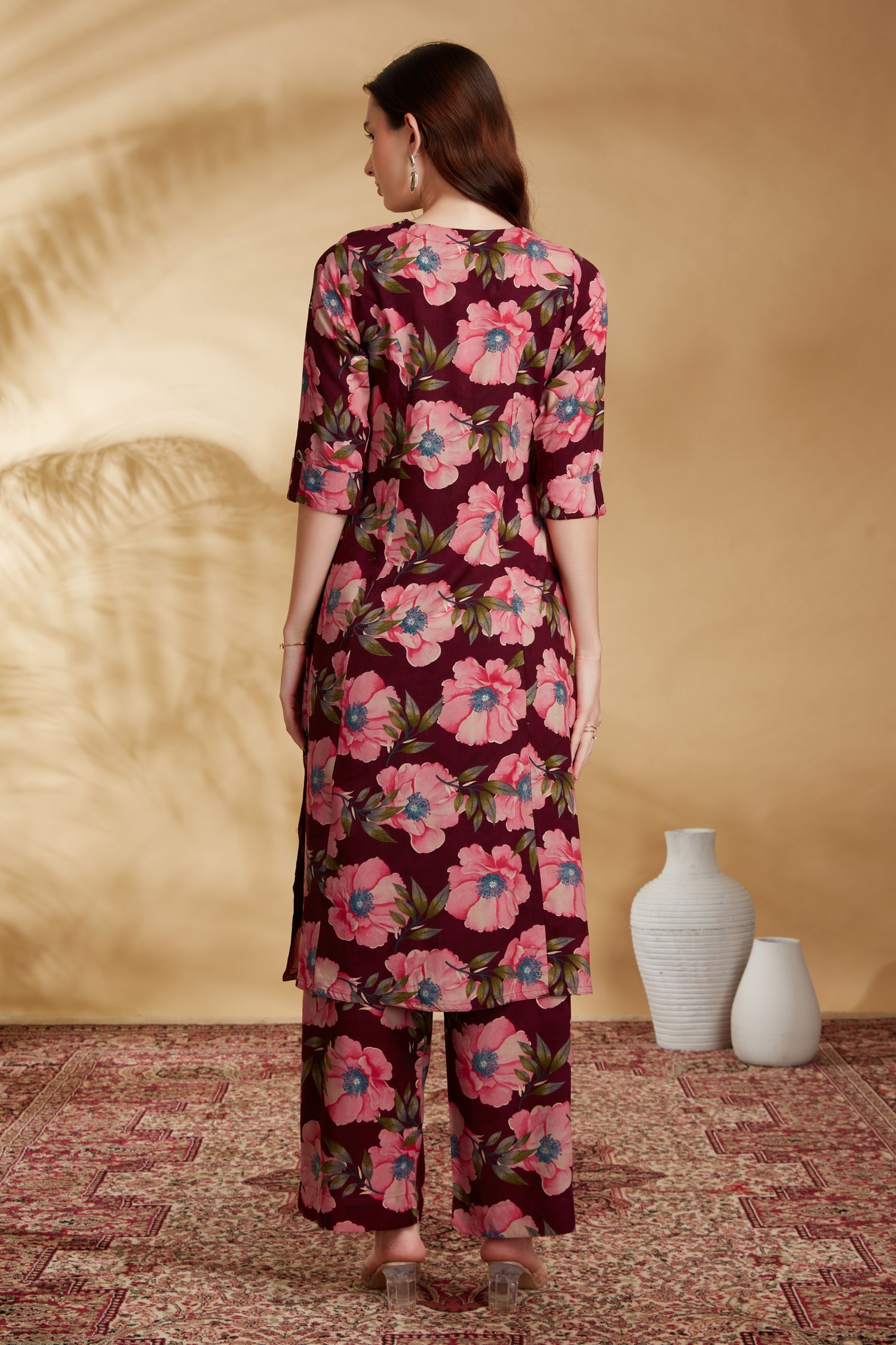 Wine Rayon Printed Straight Kurta Pant Co ord Set