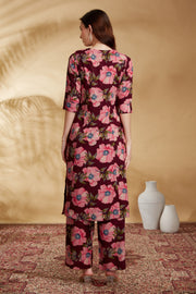 Wine Rayon Printed Straight Kurta Pant Co ord Set