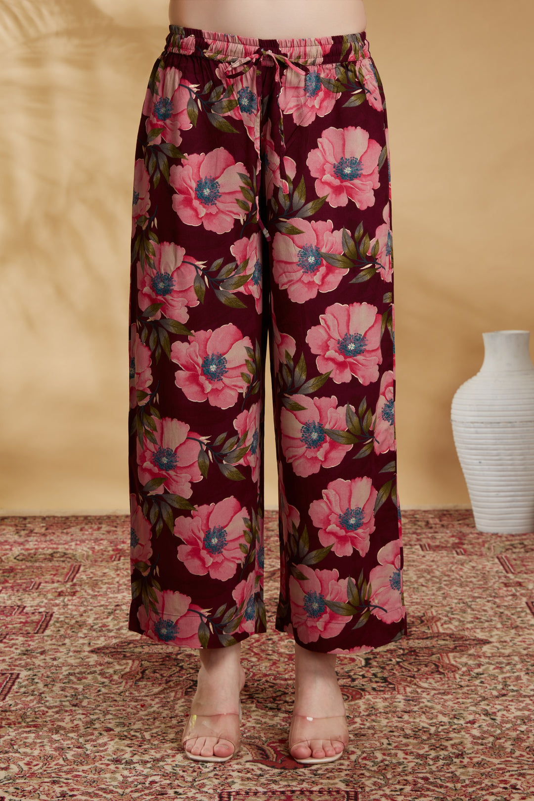 Wine Rayon Printed Straight Kurta Pant Co ord Set