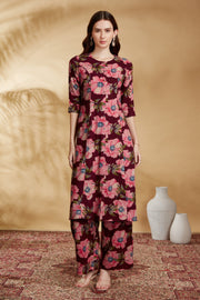Wine Rayon Printed Straight Kurta Pant Co ord Set