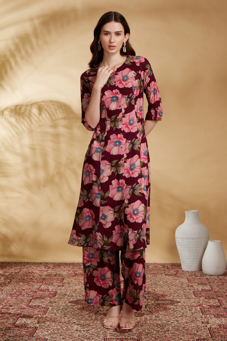 Wine Rayon Printed Straight Kurta Pant Co ord Set