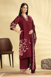 Wine Roman Silk Embroidered Kurta Pant and Dupatta Set for women