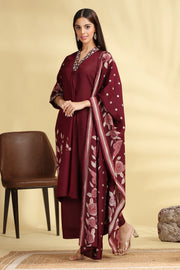 Wine Roman Silk Embroidered Kurta Pant and Dupatta Set for women