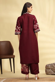 Wine Roman Silk Embroidered Kurta Pant and Dupatta Set for women