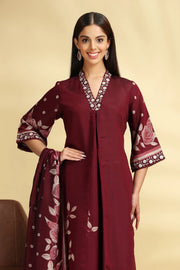 Wine Roman Silk Embroidered Kurta Pant and Dupatta Set for women