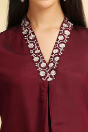 Wine Roman Silk Embroidered Kurta Pant and Dupatta Set for women