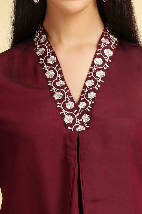 Wine Roman Silk Embroidered Kurta Pant and Dupatta Set for women