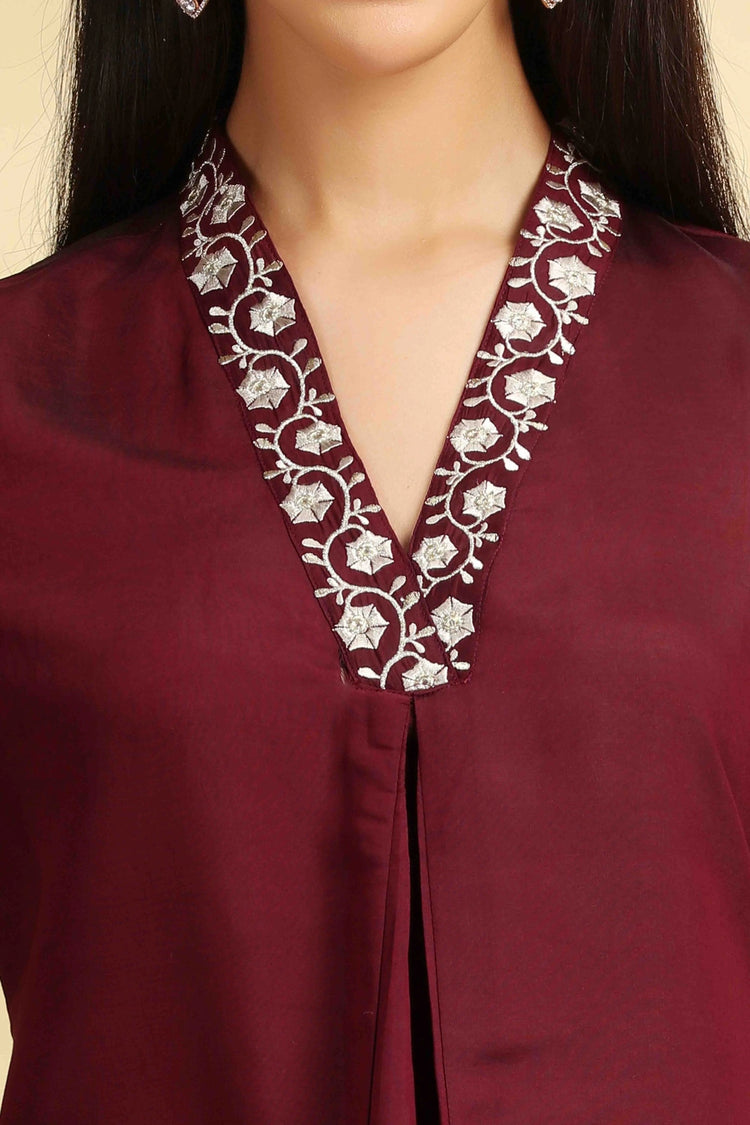 Wine Roman Silk Embroidered Kurta Pant and Dupatta Set for women