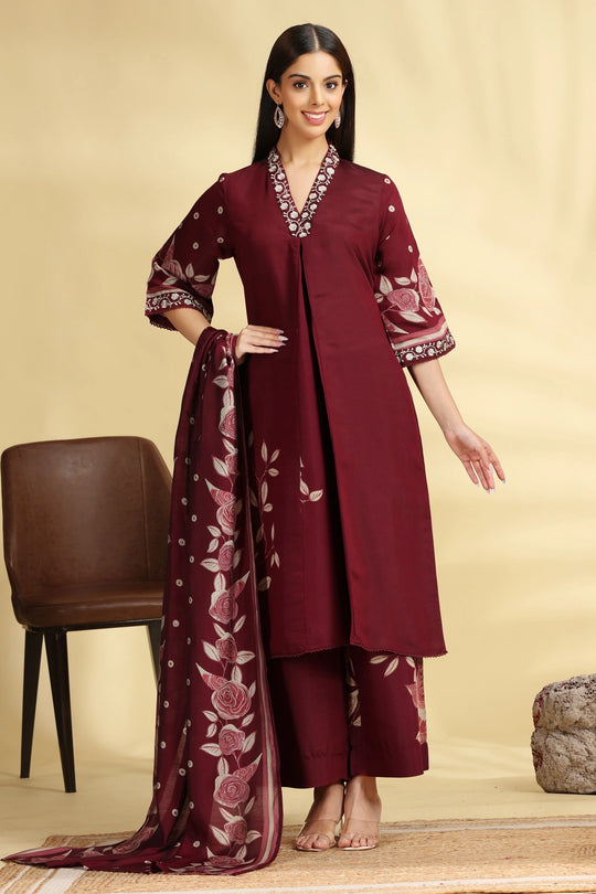 Wine Roman Silk Embroidered Kurta Pant and Dupatta Set for women