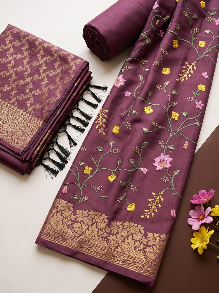 Wine Sill Woven Dress Material with Banarasi Dupatta