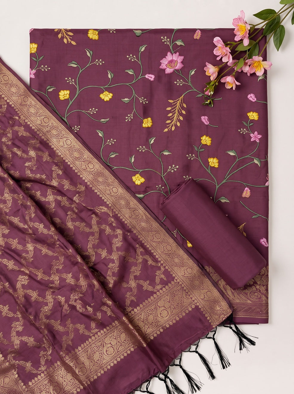 Wine Sill Woven Dress Material with Banarasi Dupatta