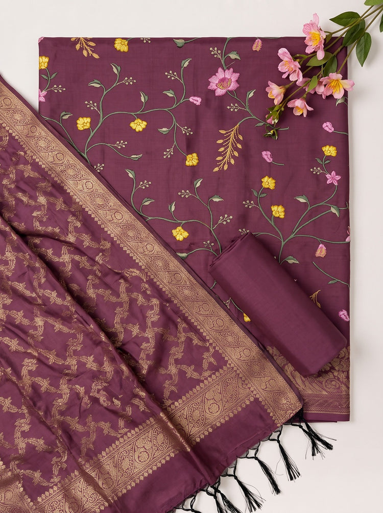 Wine Sill Woven Dress Material with Banarasi Dupatta