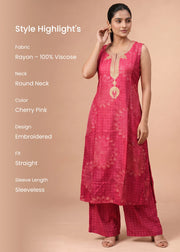 Women Cherry Pink Embroidered Co-ord Set
