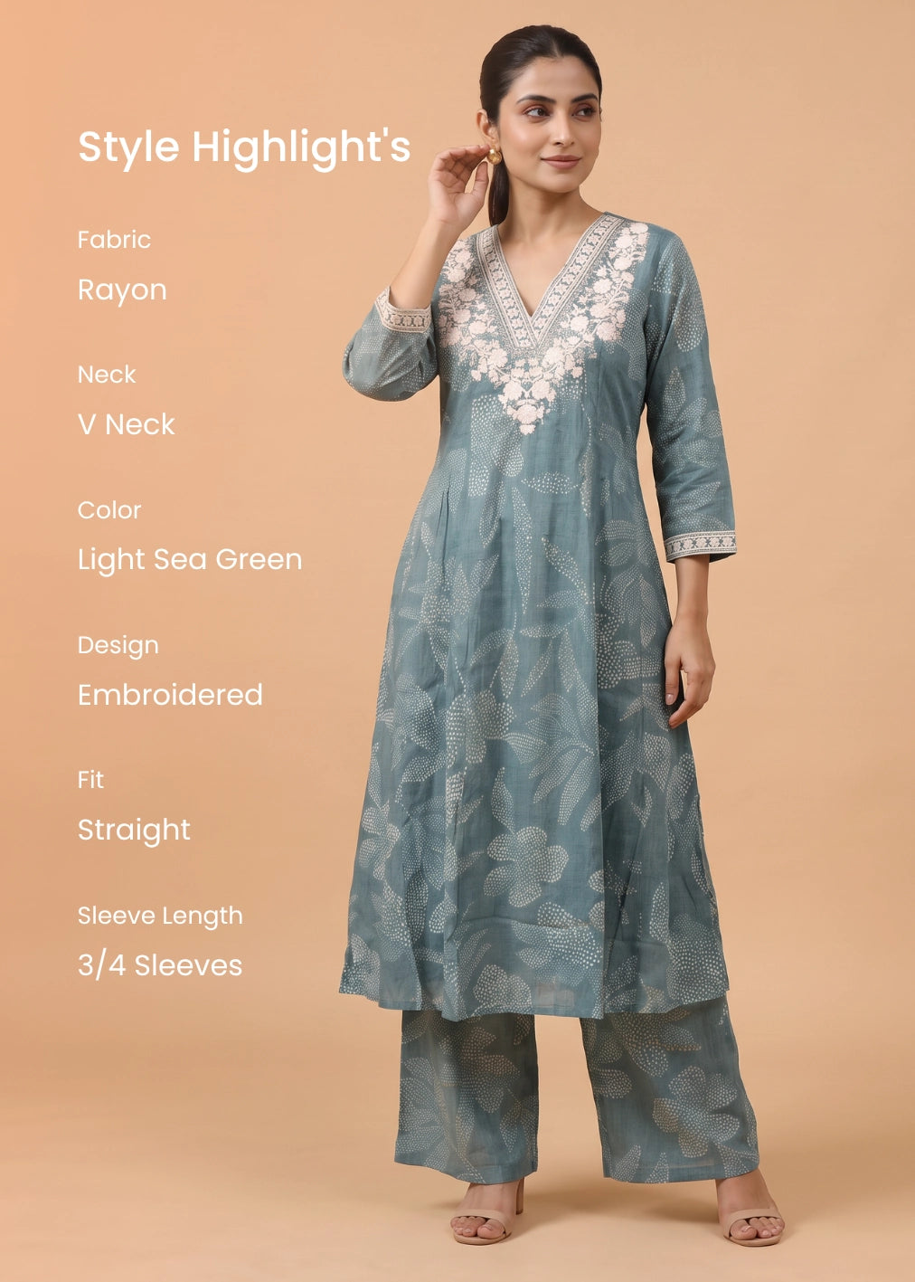 Women Light Sea Green Embroidered Straight-Fit Co-ord Set