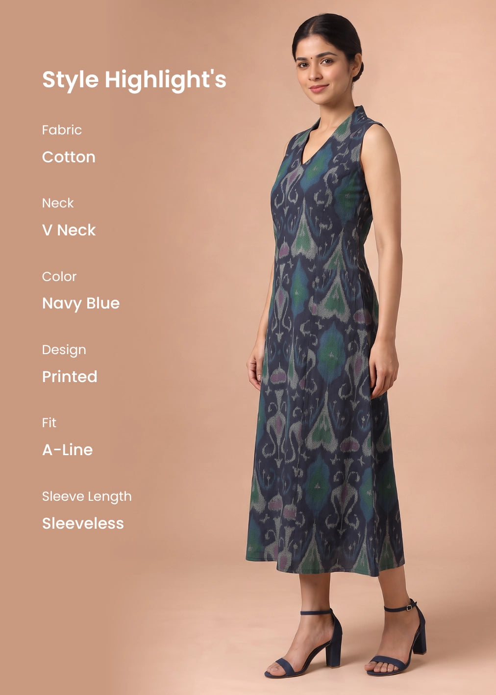 Women Navy Blue Printed Cotton A-Line Kurta