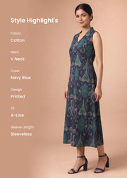 Women Navy Blue Printed Cotton A-Line Kurta