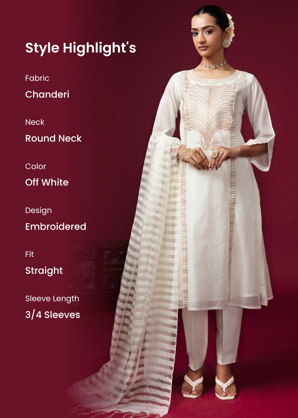Women Off White Embroidered Straight Fit Ethnic Suit Set