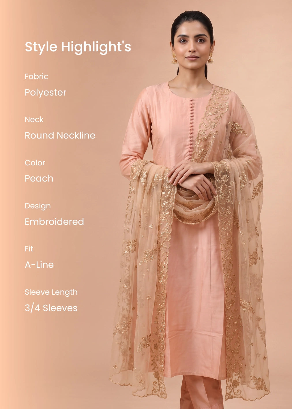 Women Peach Embroidered A-Line Ethnic Suit Set