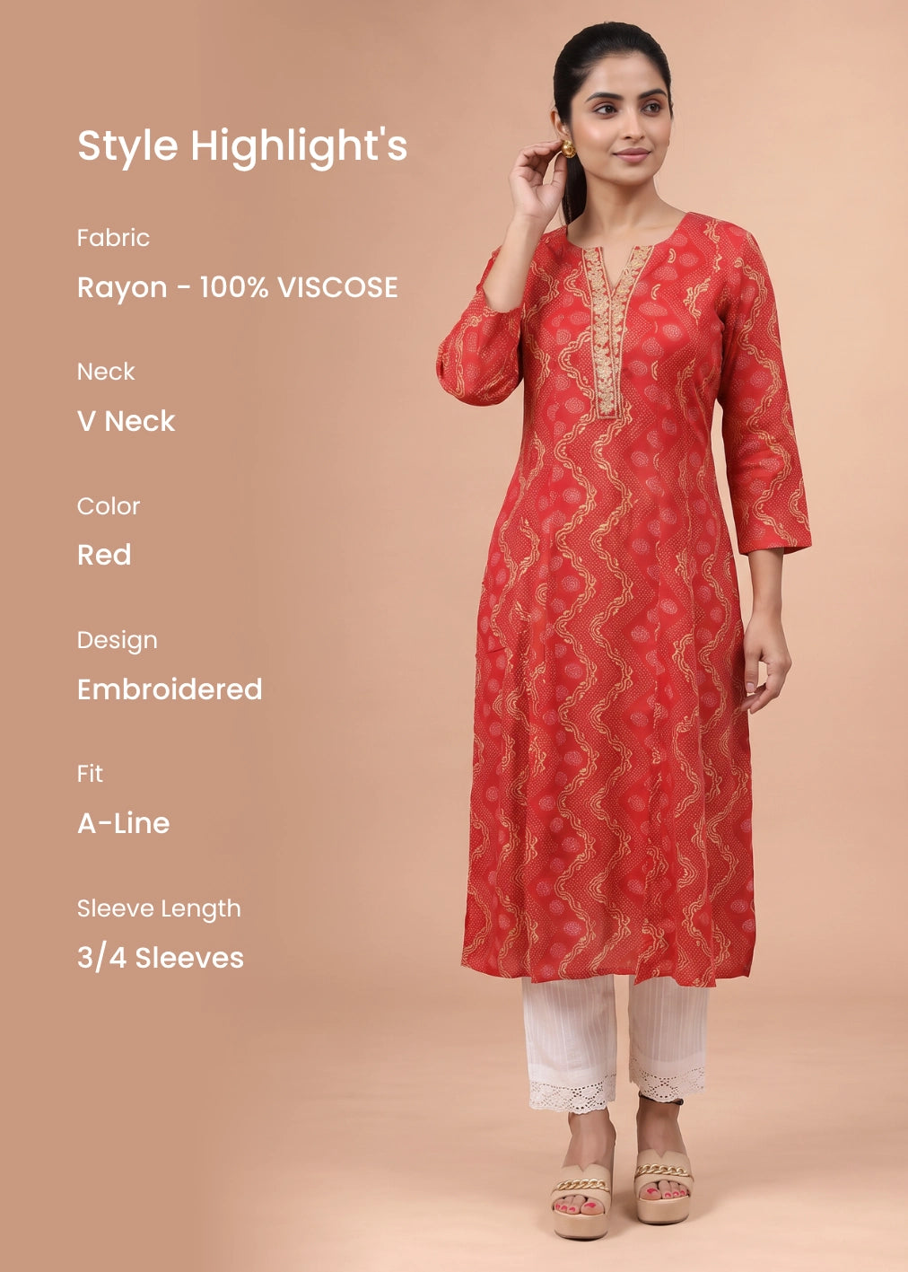 Women Red Embroidered A-Line Kurta