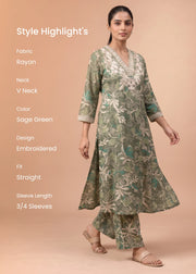 Women Sage Green Embroidered Straight-Fit Co-ord Set