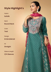 Women Teal Embroidered Yoke Flared Ethnic Suit Set