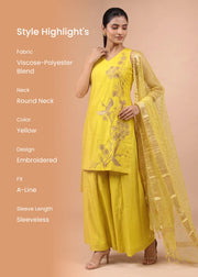 Women Yellow Embroidered Blend A-Line Ethnic Suit Set