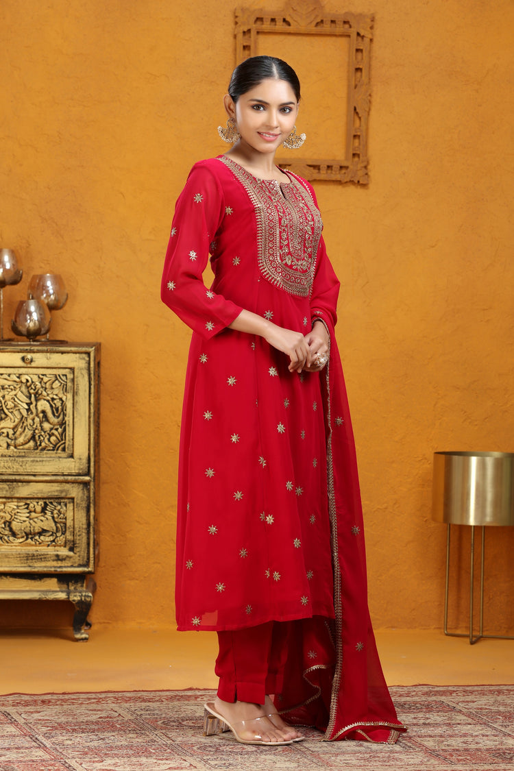 Maroon Georgette A Line Embroidered Kurta Pant Suit Set