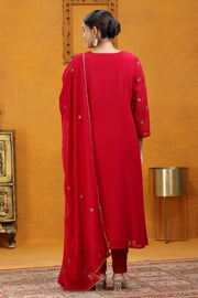 Maroon Georgette A Line Embroidered Kurta Pant Suit Set