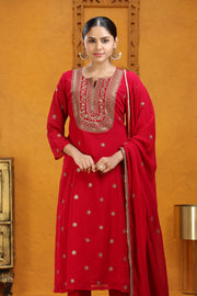 Maroon Georgette A Line Embroidered Kurta Pant Suit Set