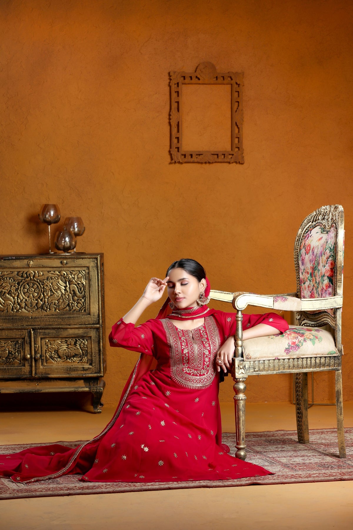 Maroon Georgette A Line Embroidered Kurta Pant Suit Set