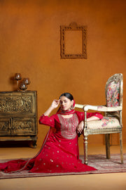 Maroon Georgette A Line Embroidered Kurta Pant Suit Set