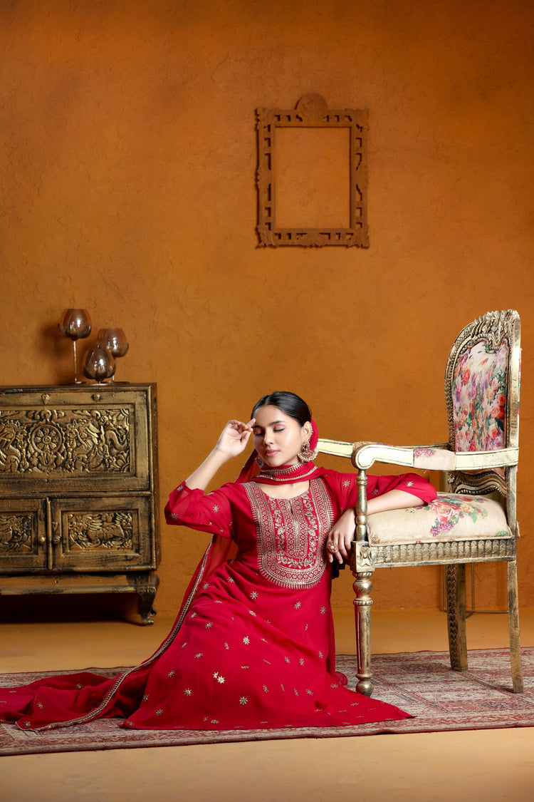 Maroon Georgette A Line Embroidered Kurta Pant Suit Set