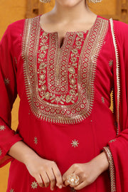 Maroon Georgette A Line Embroidered Kurta Pant Suit Set