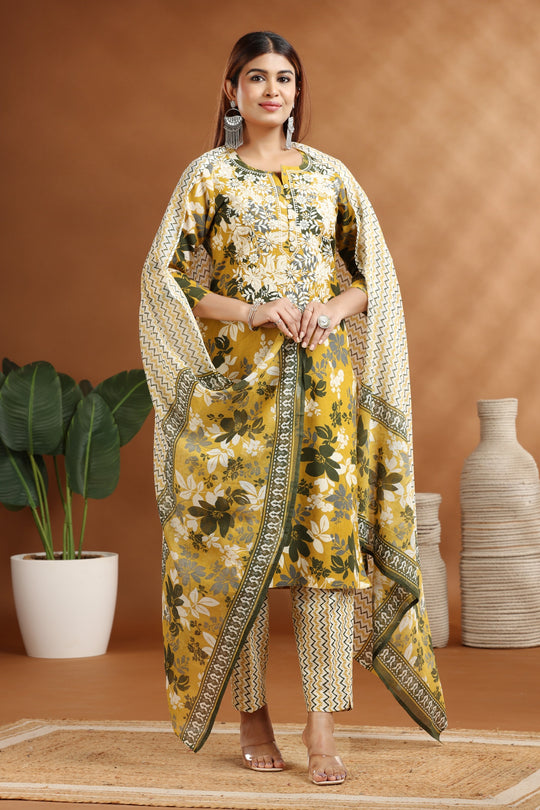 Olive Green Flax Cotton Straight Embroidered Kurta Pants and Dupatta Set for women / girl