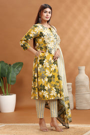 Olive Green Flax Cotton Straight Embroidered Kurta Pants and Dupatta Set for women / girl