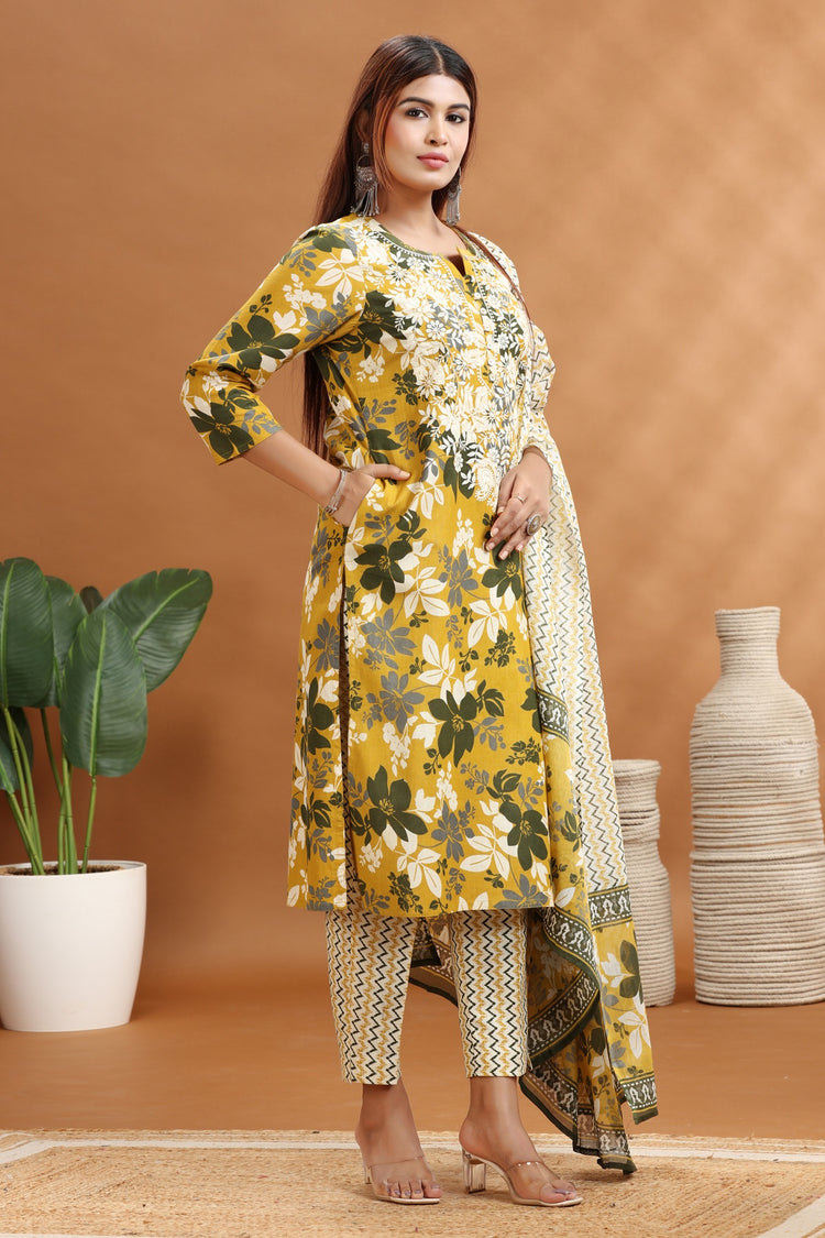 Olive Green Flax Cotton Straight Embroidered Kurta Pants and Dupatta Set for women / girl