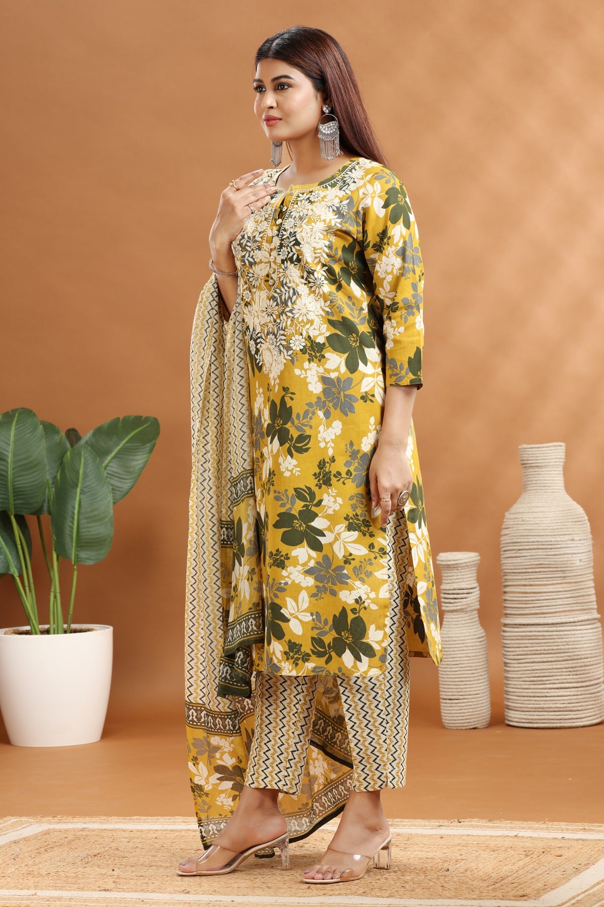 Olive Green Flax Cotton Straight Embroidered Kurta Pants and Dupatta Set for women / girl