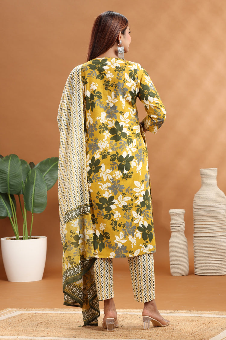 Olive Green Flax Cotton Straight Embroidered Kurta Pants and Dupatta Set for women / girl