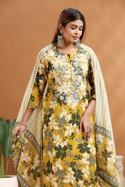 Olive Green Flax Cotton Straight Embroidered Kurta Pants and Dupatta Set for women / girl