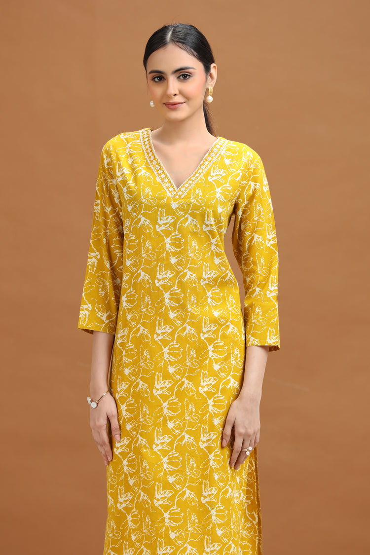 Yellow Abstract Floral Printed Straight Kurta