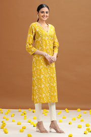 Yellow Abstract Floral Printed Straight Kurta