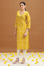 Yellow Abstract Floral Printed Straight Kurta