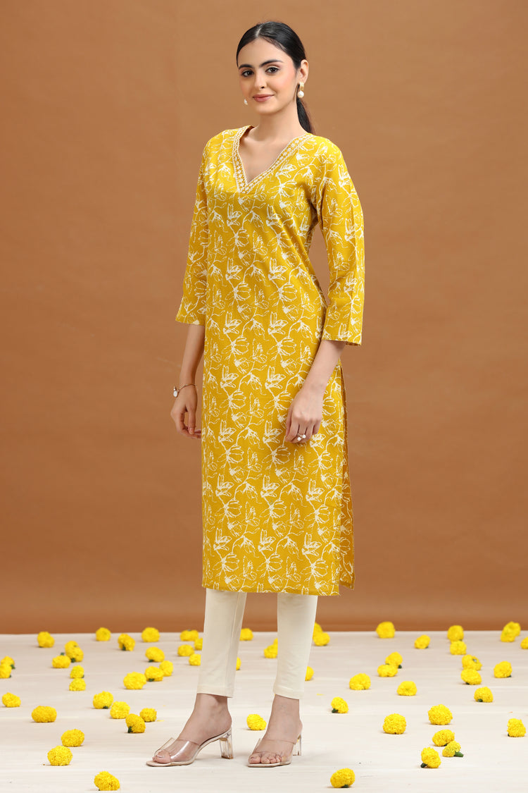 Yellow Abstract Floral Printed Straight Kurta
