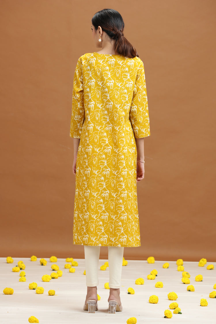 Yellow Abstract Floral Printed Straight Kurta