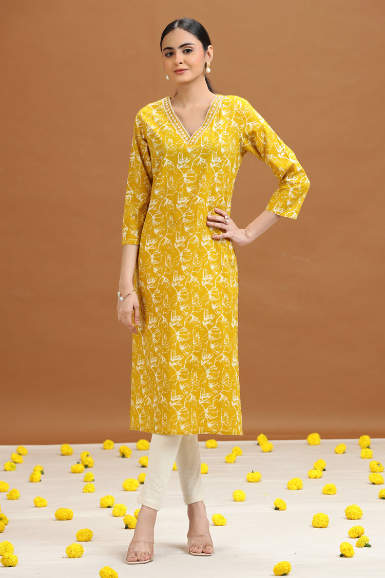 Yellow Abstract Floral Printed Straight Kurta